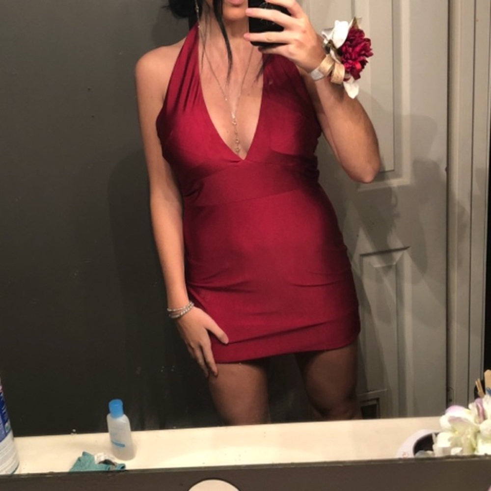 Burgundy halter top homecoming/cocktail dress